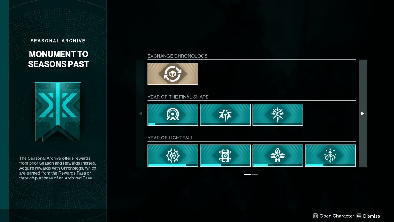 Monument to Seasons Past in Destiny 2: the Seasonal Archive screen, with an Exchange Chronologs vendor and past seasons grouped under Year of the Final Shape and Year of Lightfall, each with a collection progress bar.