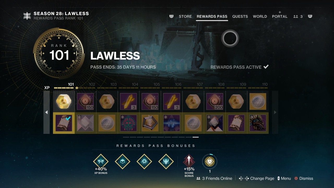 Destiny 2 Rewards Pass for Season 28: Lawless at rank 101, showing the reward track for ranks 101 to 110 and the pass bonuses, including +40% XP and +15% score.