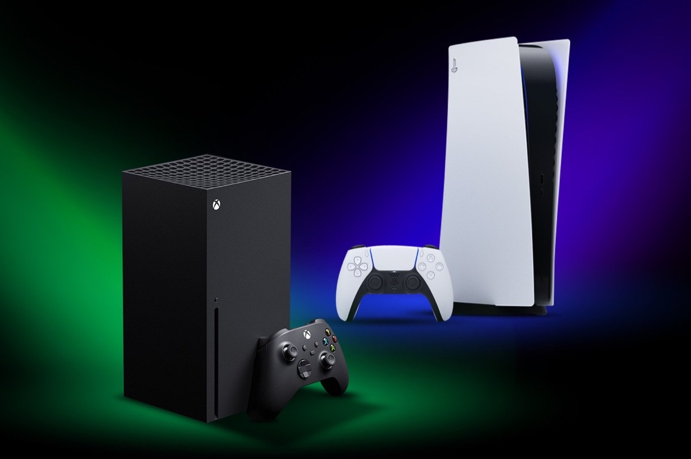 An Xbox Series X and a PlayStation 5, each with its controller, lit in green and blue.